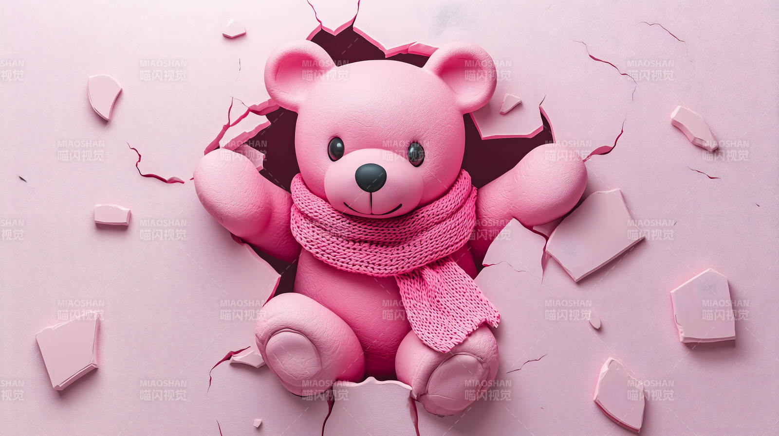 粉色泰迪熊破墙而出图片