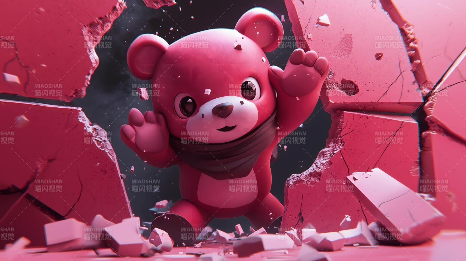 粉色泰迪熊破墙而出图片
