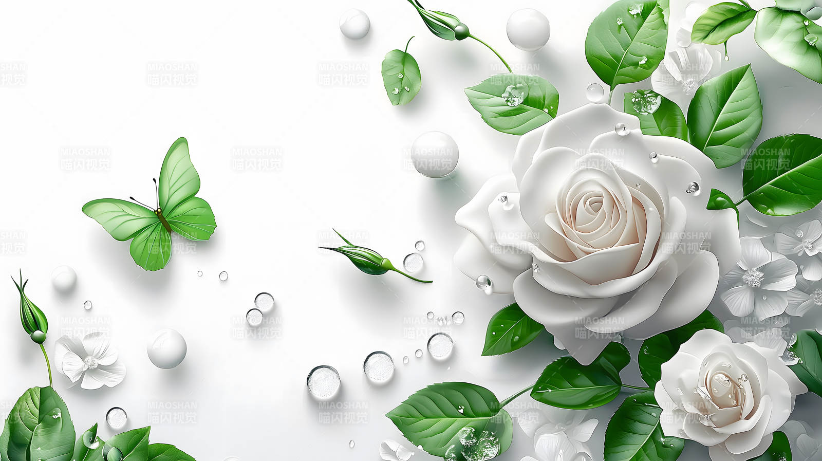 白玫瑰与绿蝶的轻舞图片