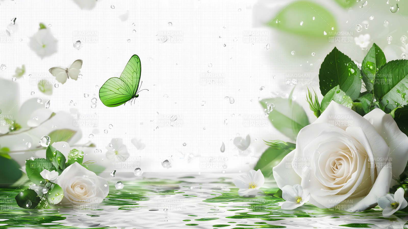 白玫瑰与绿蝶的轻舞图片