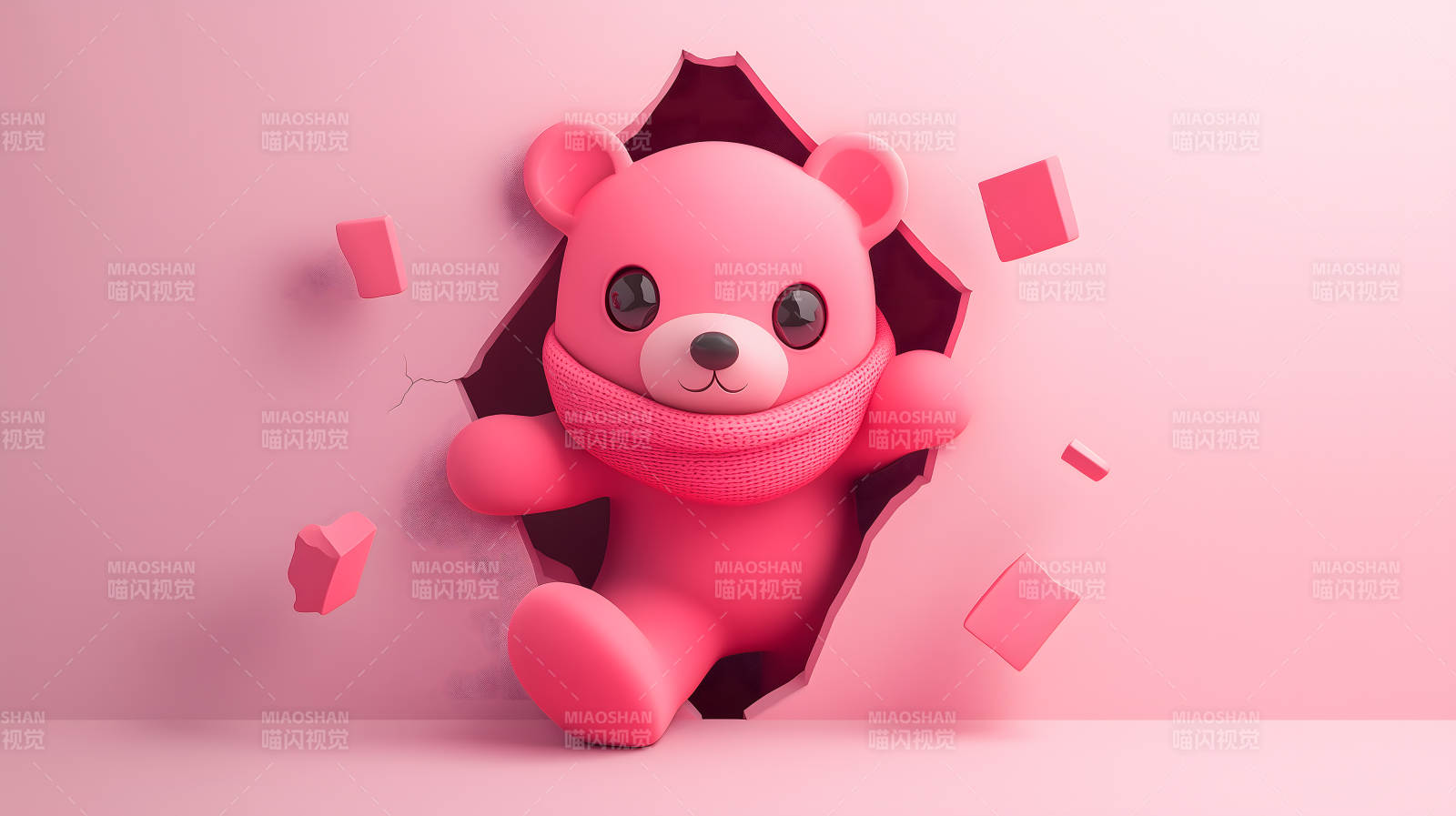 粉色泰迪熊破墙而出图片