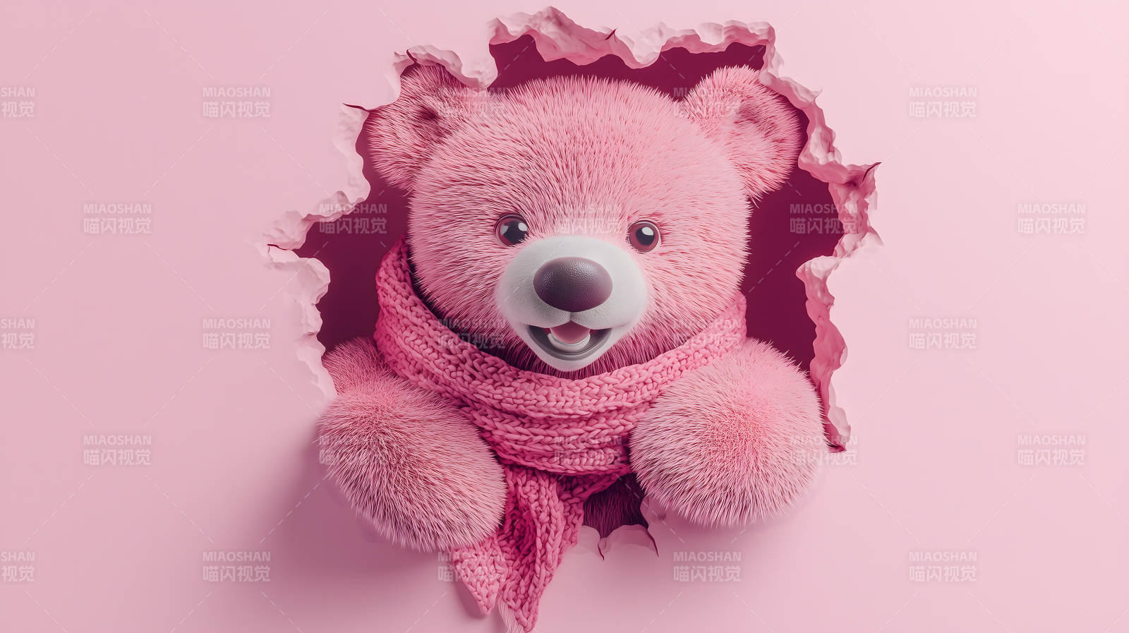 粉色泰迪熊破墙而出图片