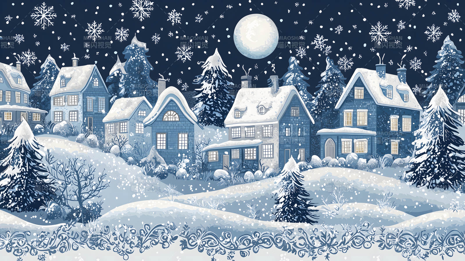 冬日雪夜的宁静村庄图片