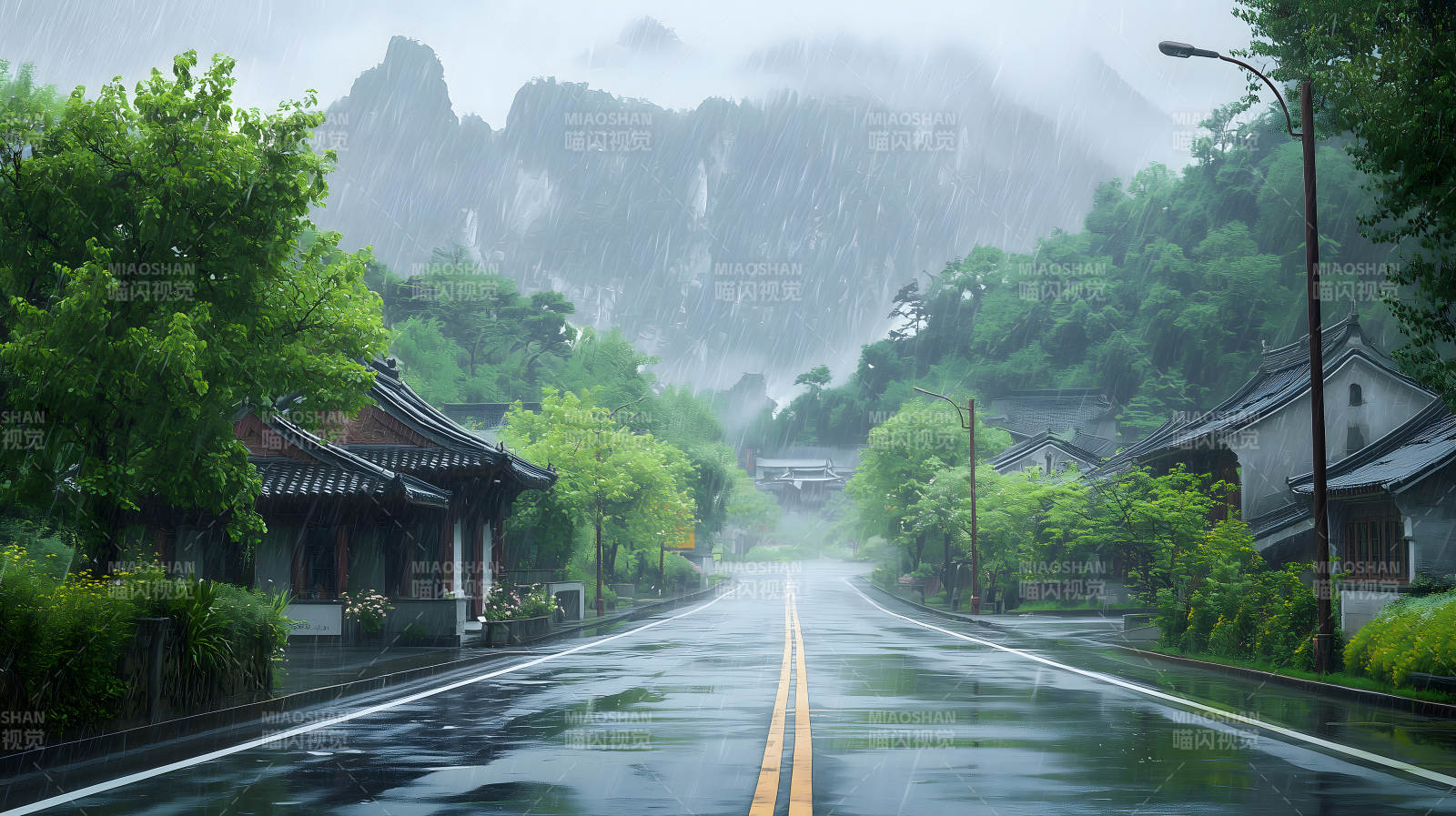 雨季村庄的宁静诗意图片