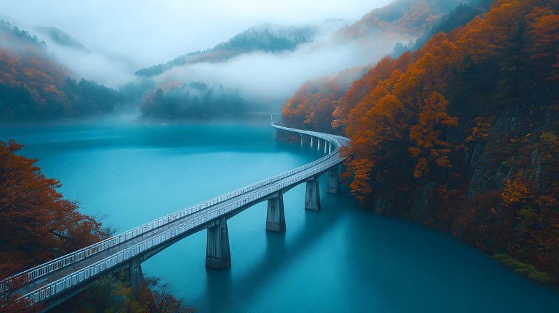 秋日湖光山色与桥图片