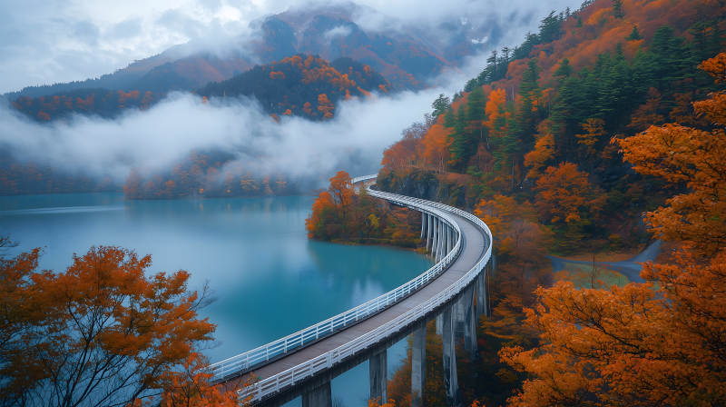 秋日湖光山色与桥图片