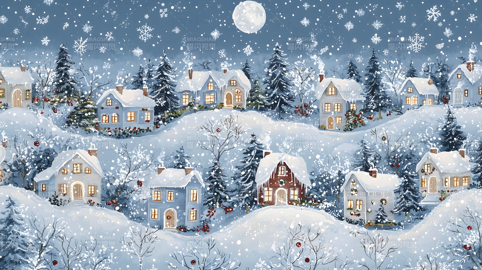 冬日雪夜的宁静村庄图片