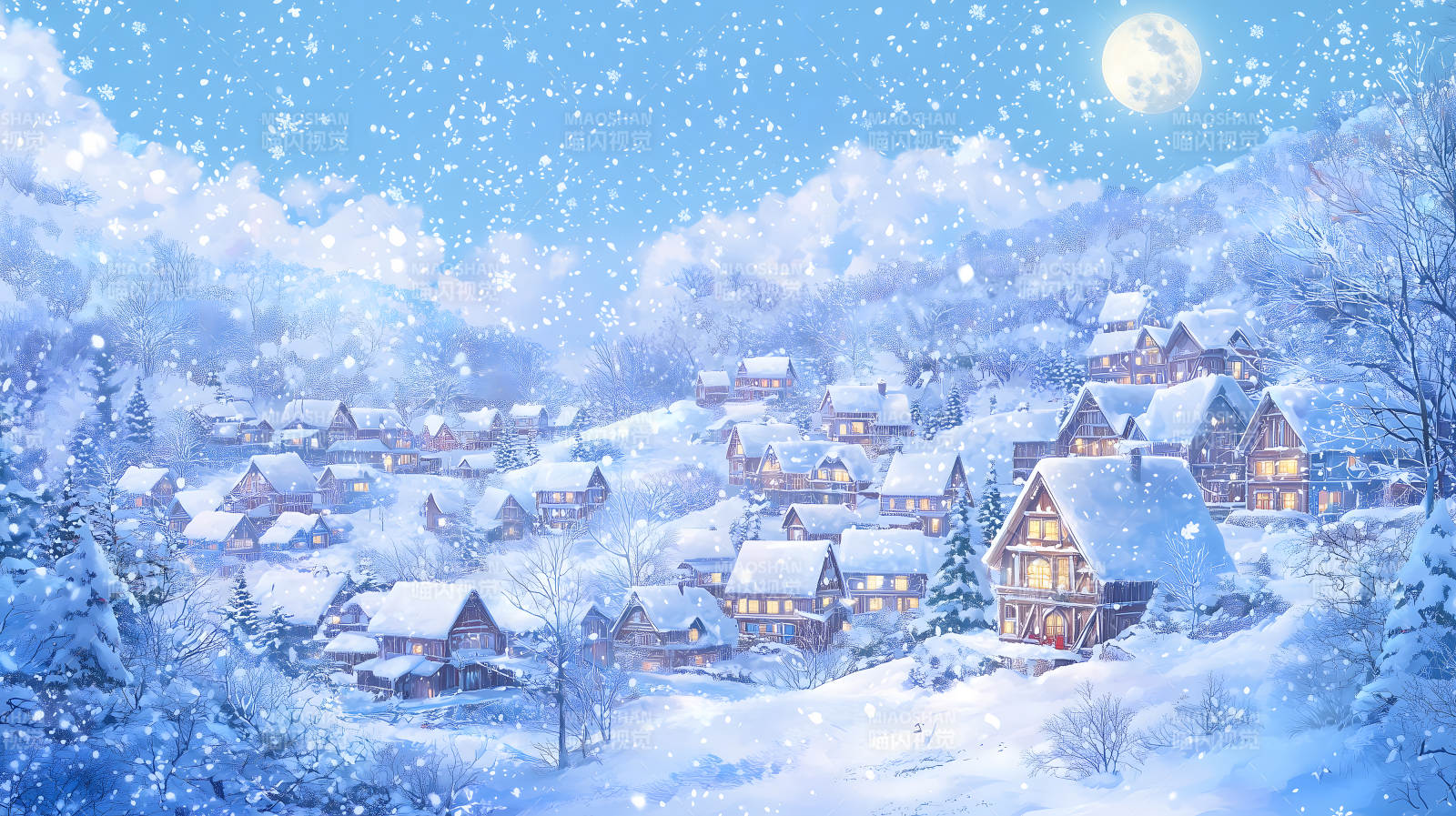 冬日雪夜的宁静村庄图片