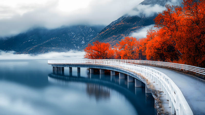 秋日湖光山色与桥图片