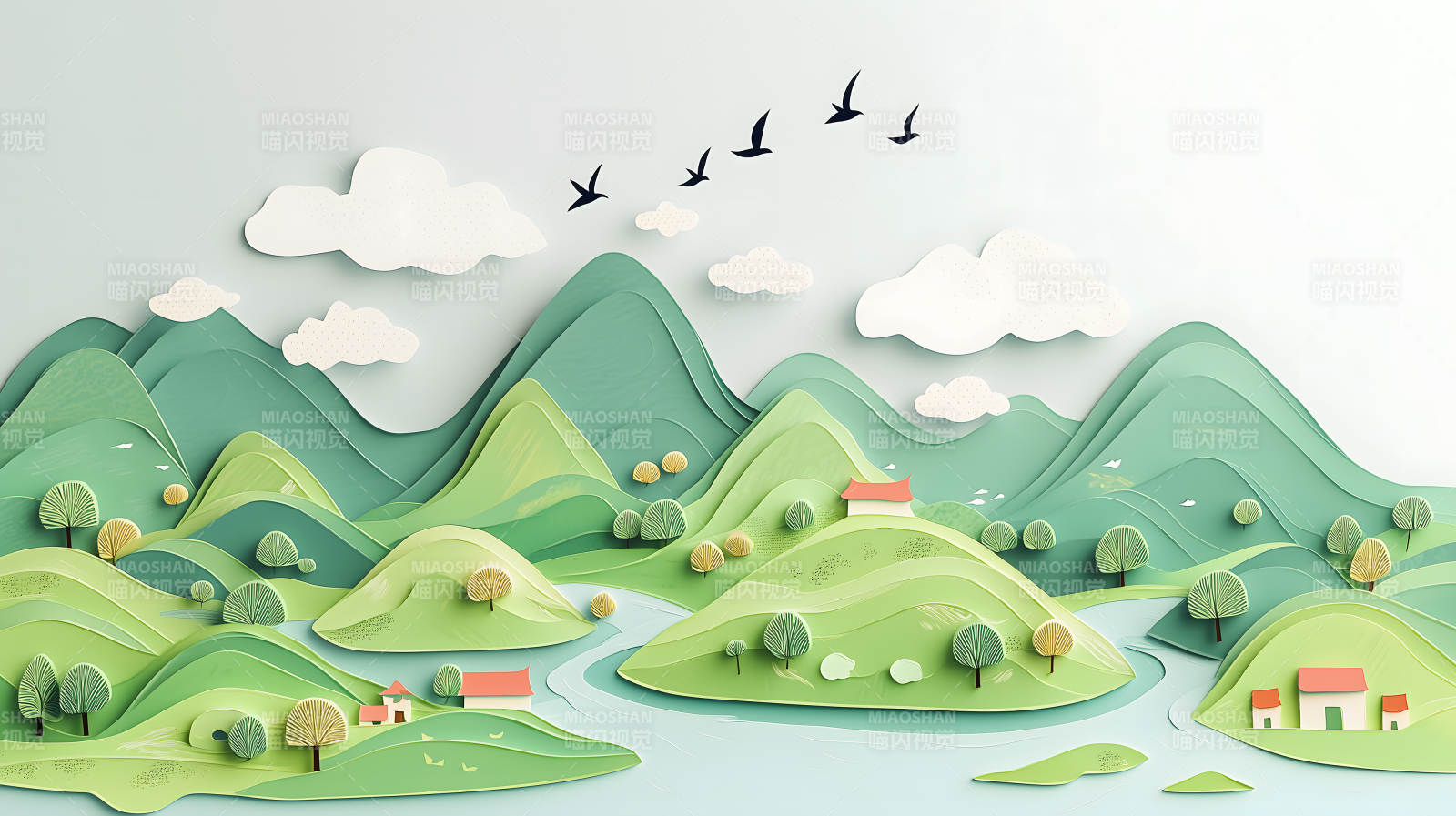 田园诗意的绿色山水图片