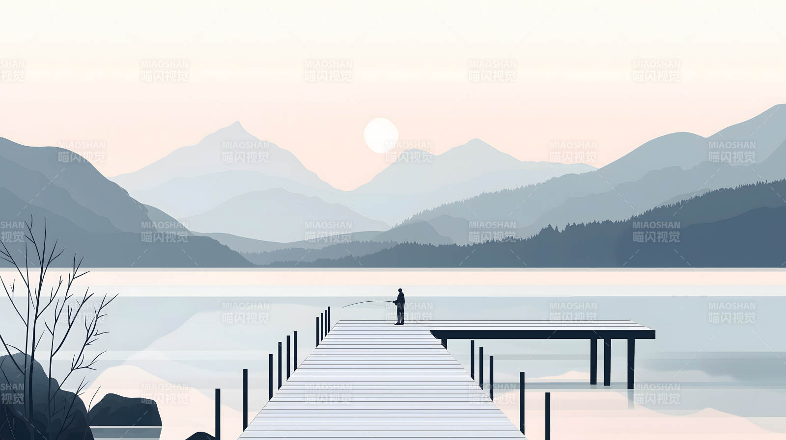 湖光山色间的垂钓者图片