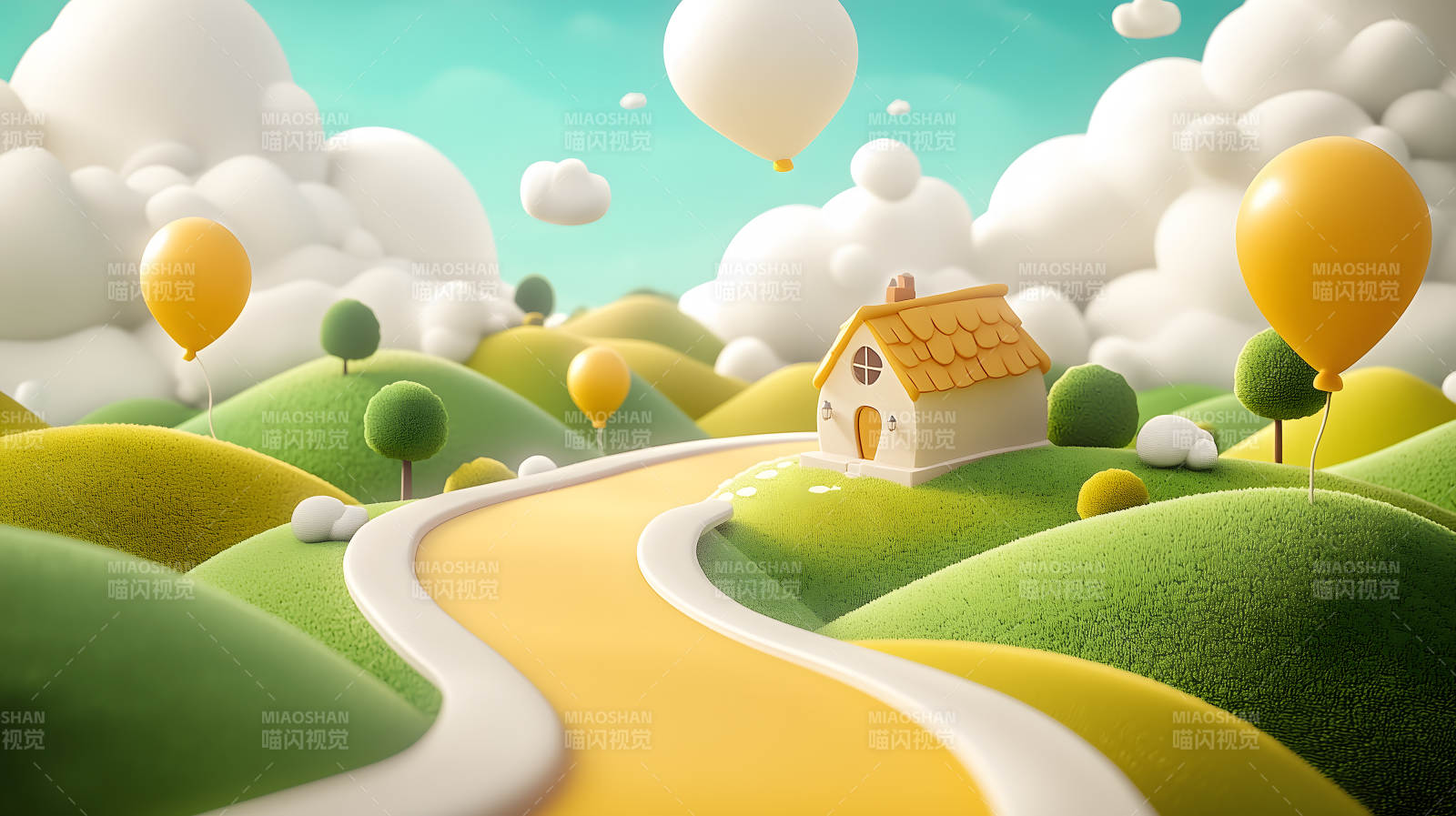 蓝天白云下色彩明快的卡通风格村落景象图片