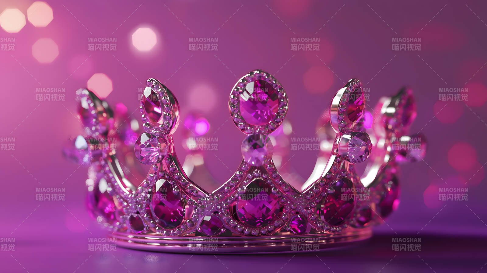 粉紫色背景上镶满宝石的华丽皇冠图片