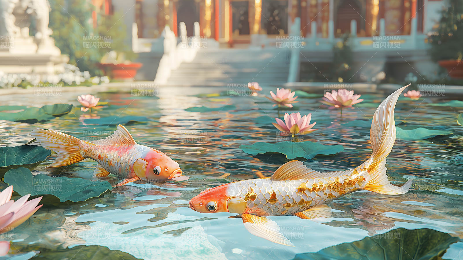 荷花池中色彩艳丽的锦鲤悠游画面图片