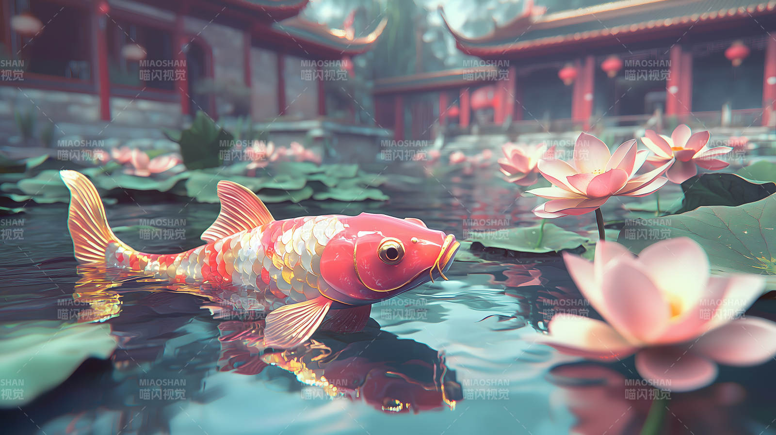 荷花池中色彩艳丽的锦鲤悠游画面图片