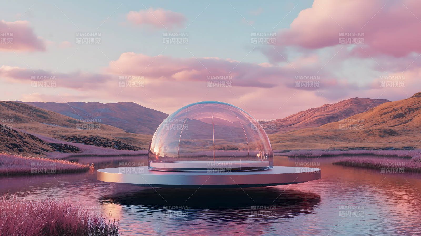 粉紫调山水间悬浮的透明球形建筑图片