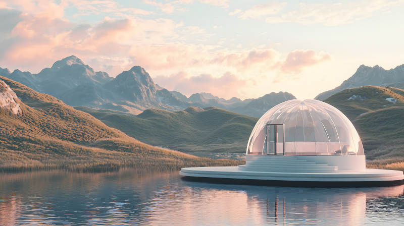 粉紫调山水间悬浮的透明球形建筑图片