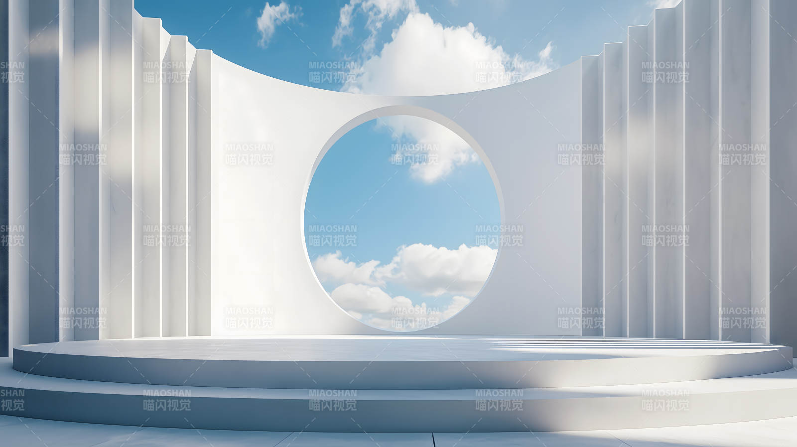 白色竖条纹空间内的圆形白色展示台图片