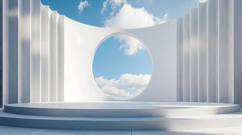 白色竖条纹空间内的圆形白色展示台图片