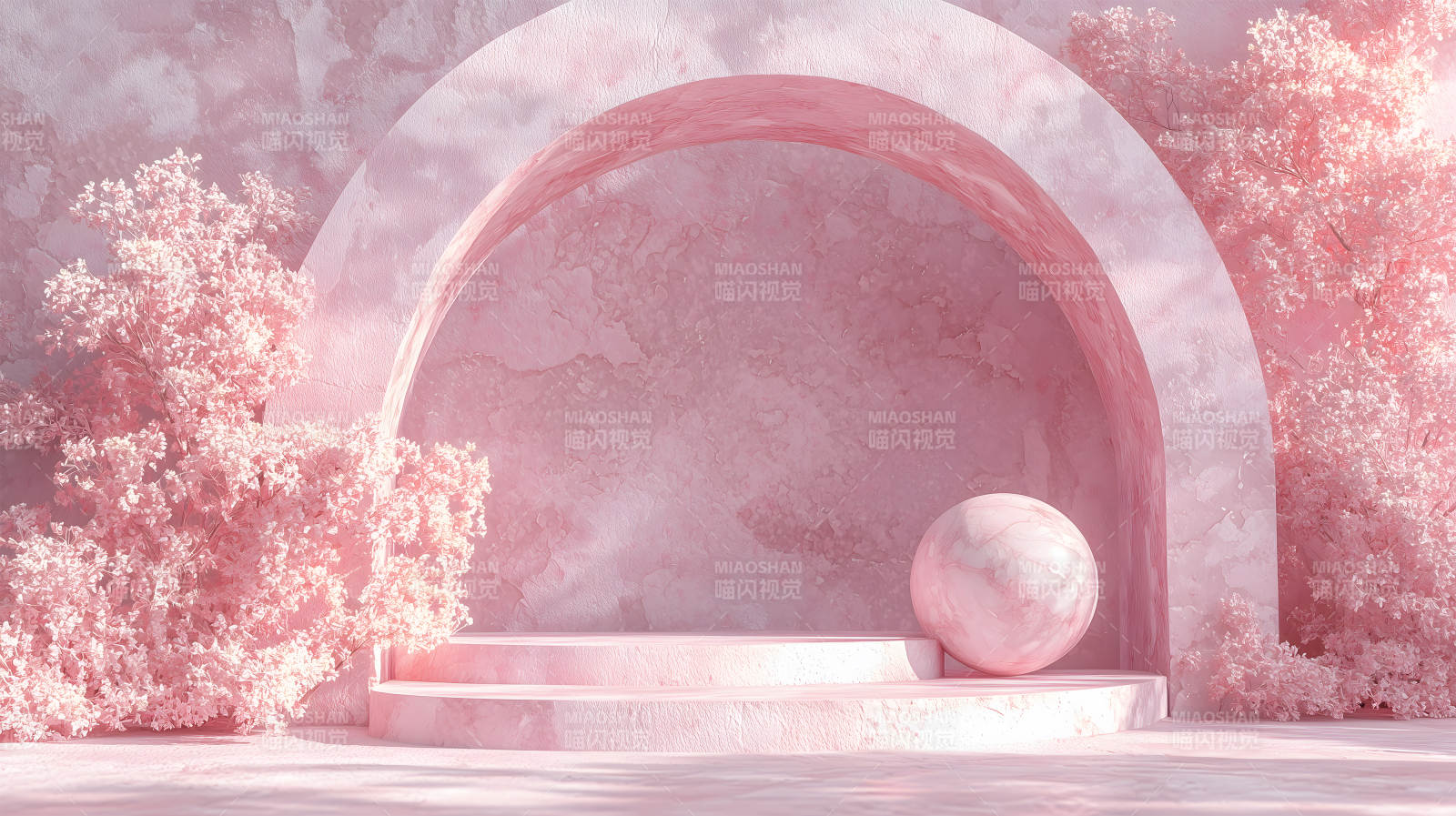 粉色场景中带拱形门的大理石展台图片