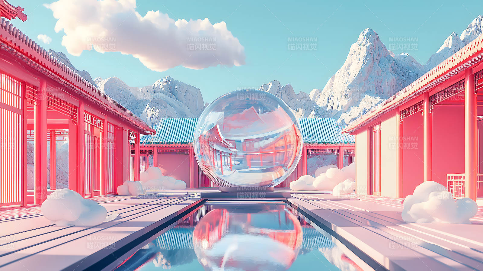 粉蓝梦幻场景中带透明大球的古风建筑图片