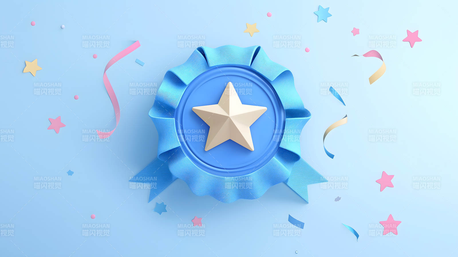蓝色背景中带星星的蓝色奖章及装饰图片