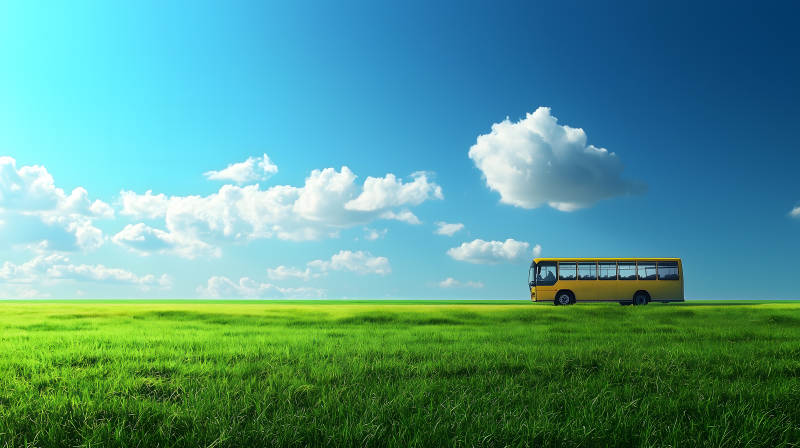 蓝天绿草间巴士图片