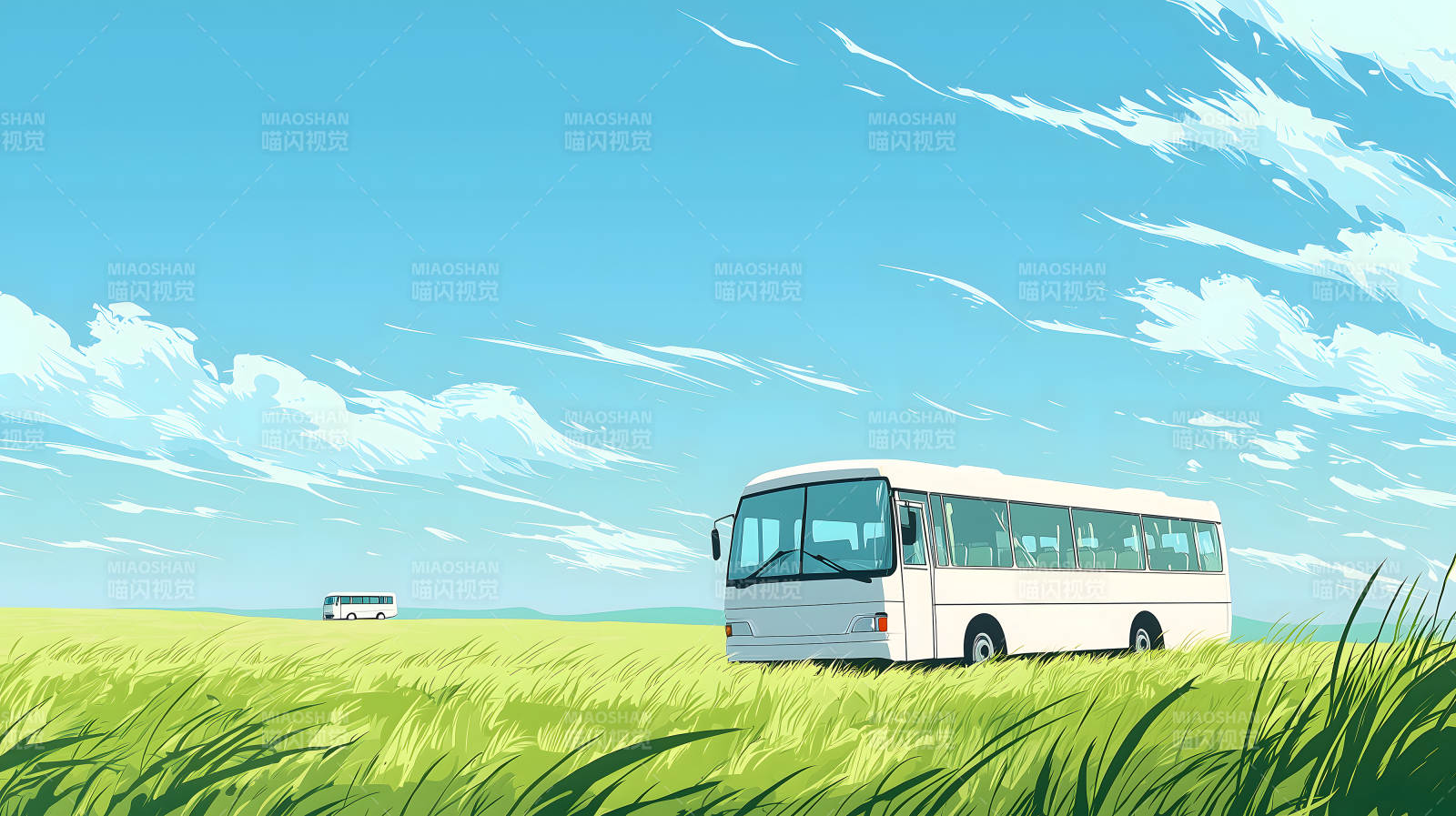 蓝天绿草间巴士图片