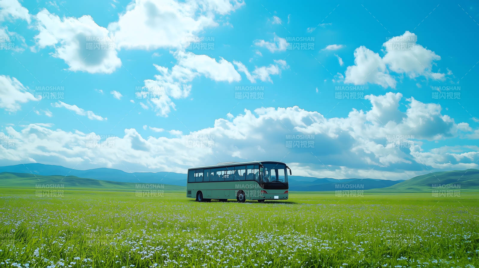 蓝天绿草间巴士图片