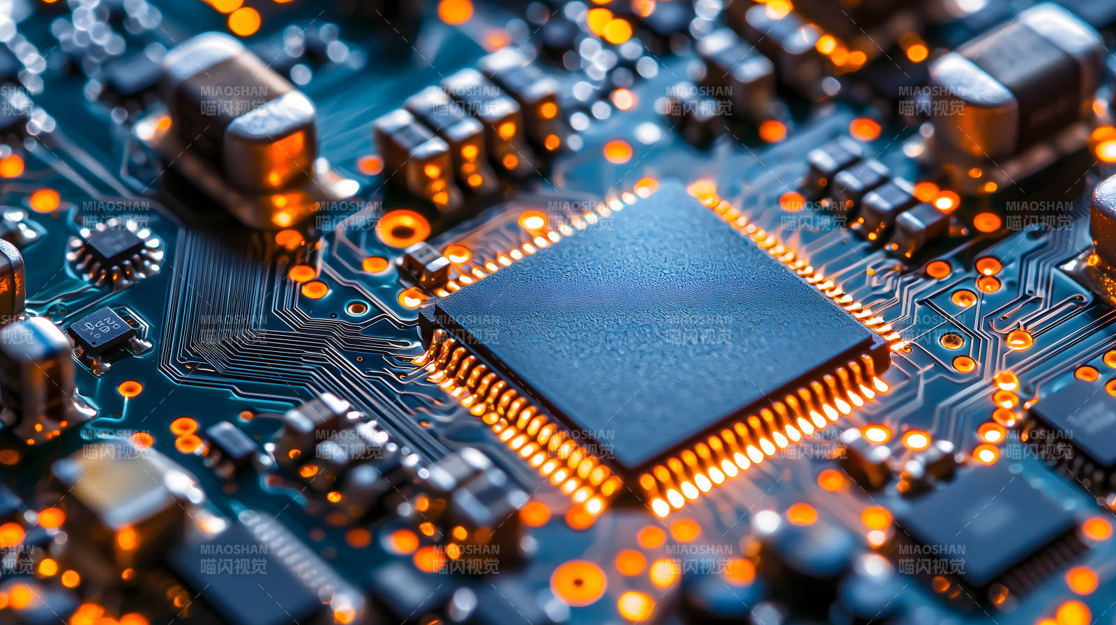 带橙色光点的电路板及中央芯片画面图片