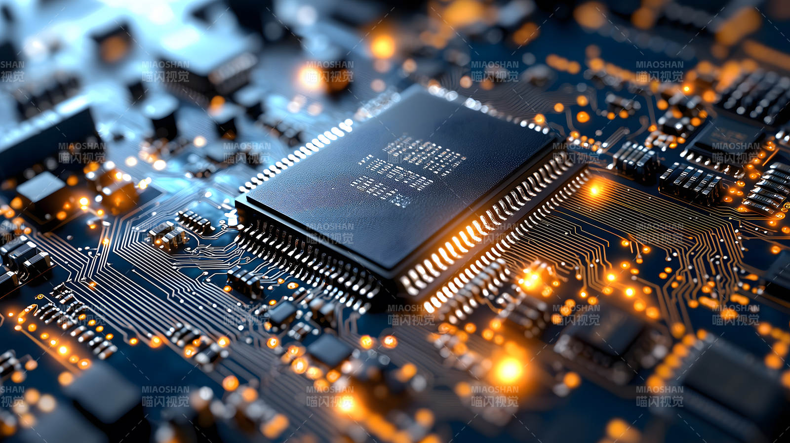 带橙色光点的电路板及中央芯片画面图片