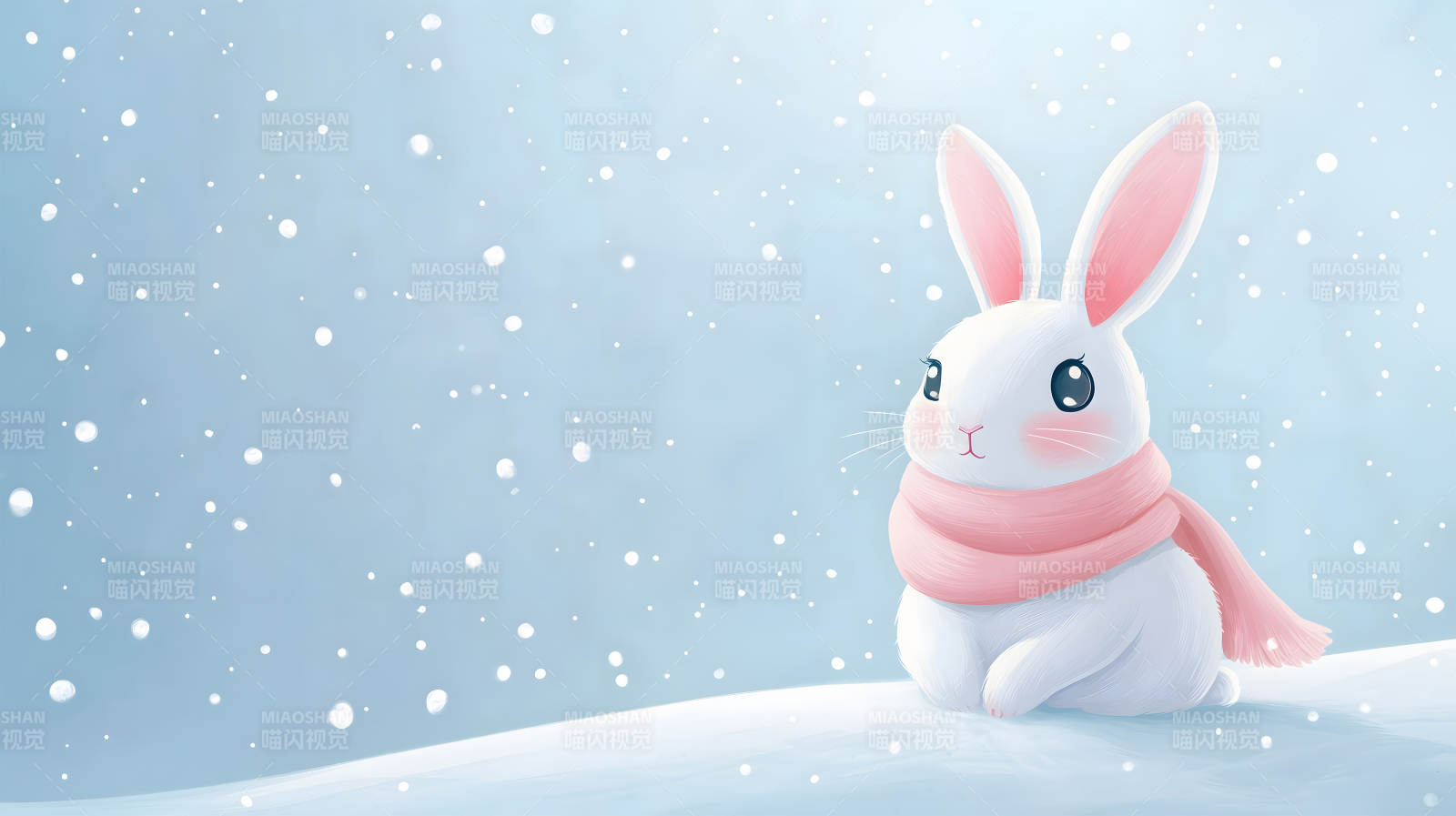 雪中戴着粉色围巾的可爱白兔形象图片