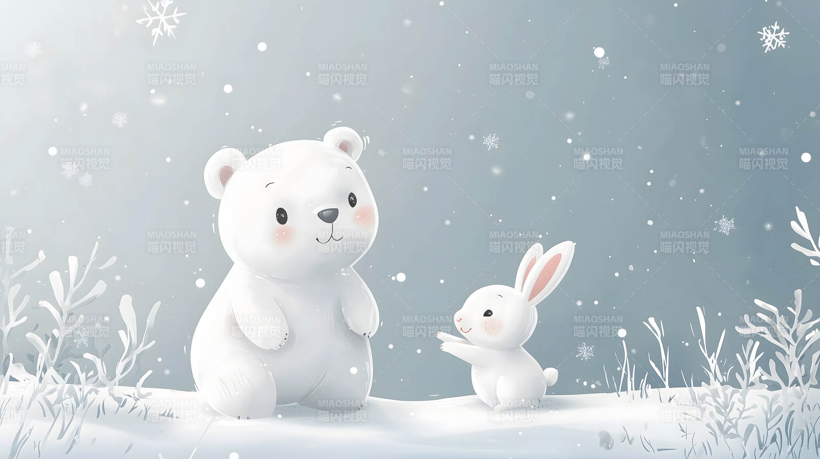 雪地中白兔与白熊对视的温馨画面图片