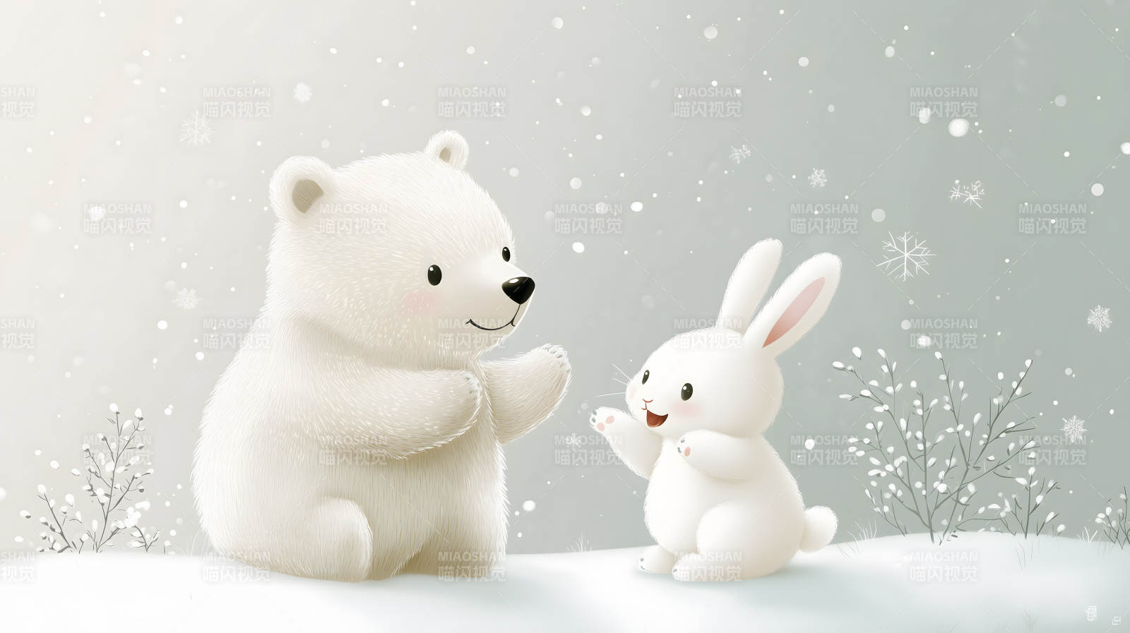 雪地中白兔与白熊对视的温馨画面图片
