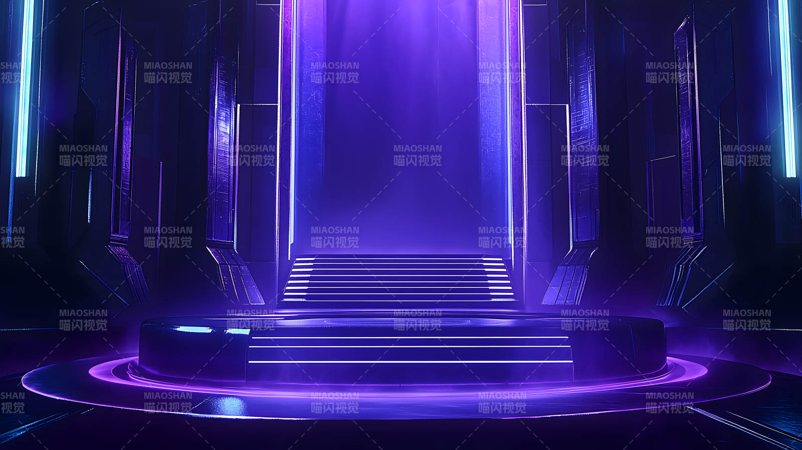 紫蓝光效下的科技感舞台展示场景图片