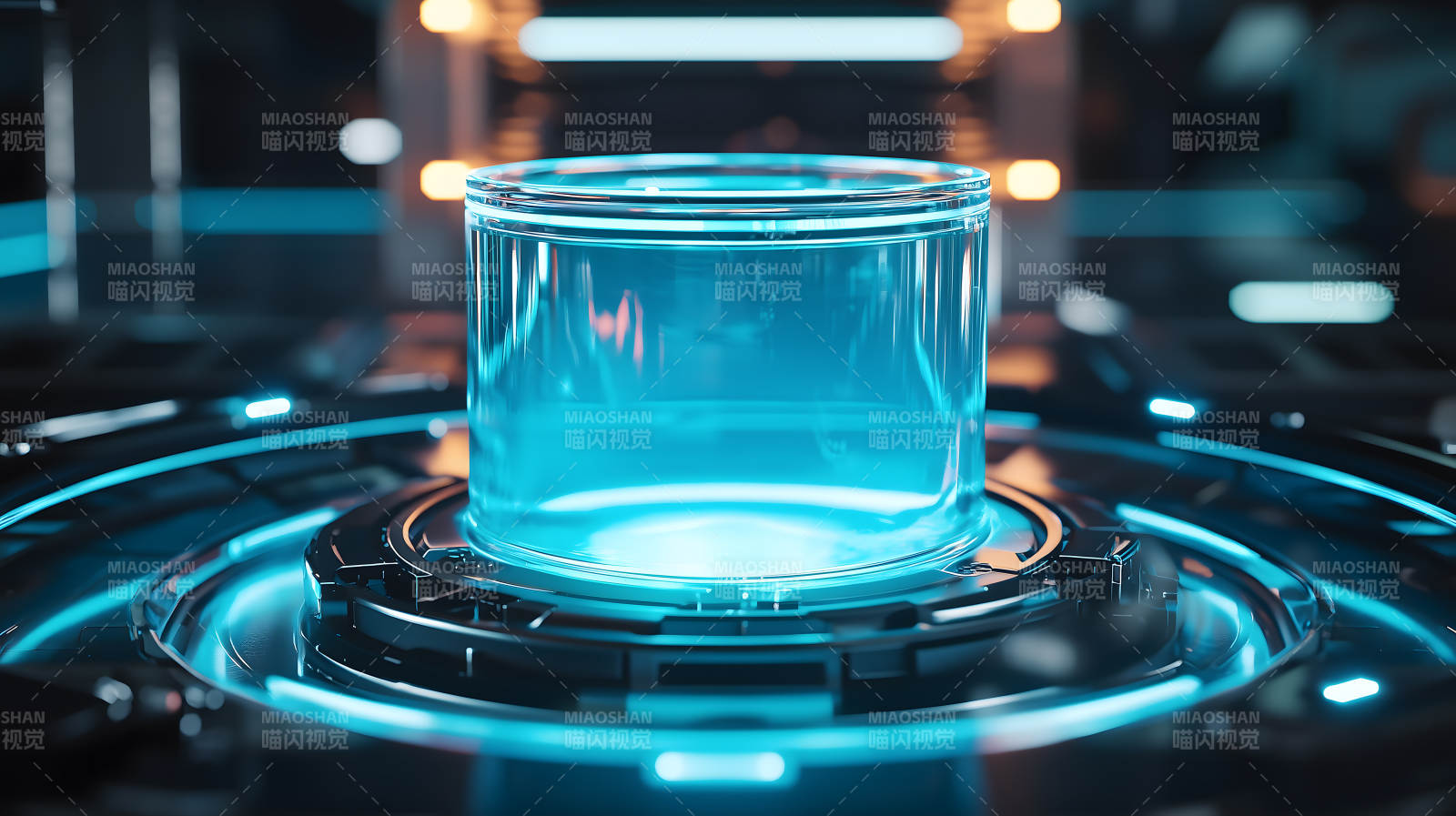 科幻舱室内带蓝光的透明圆柱展示装置图片