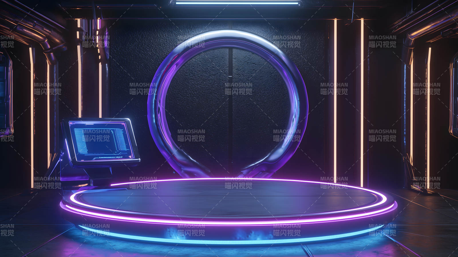 紫蓝光效下的科技感舞台展示场景图片