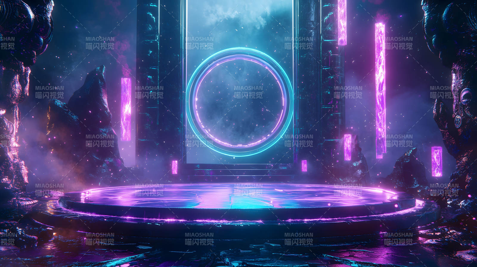 紫蓝光效下的科技感舞台展示场景图片