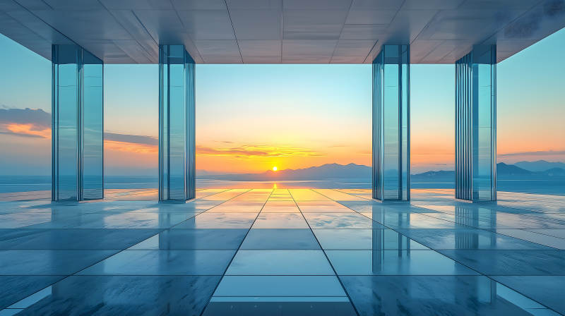 玻璃建筑内观日落海景的开阔场景图片