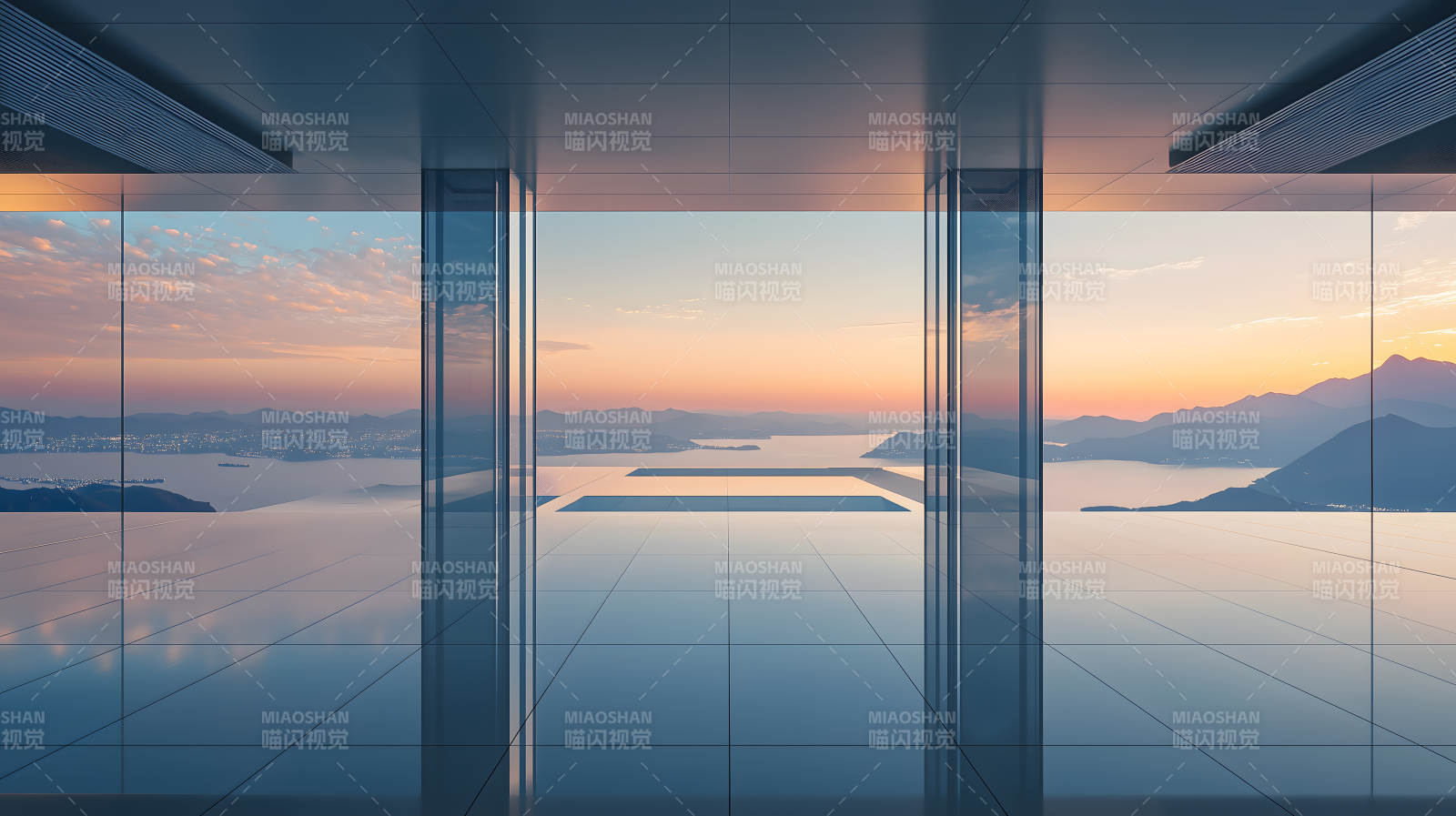 玻璃建筑内观日落海景的开阔场景图片