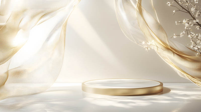 白色背景旁带金色圆环的展示台图片