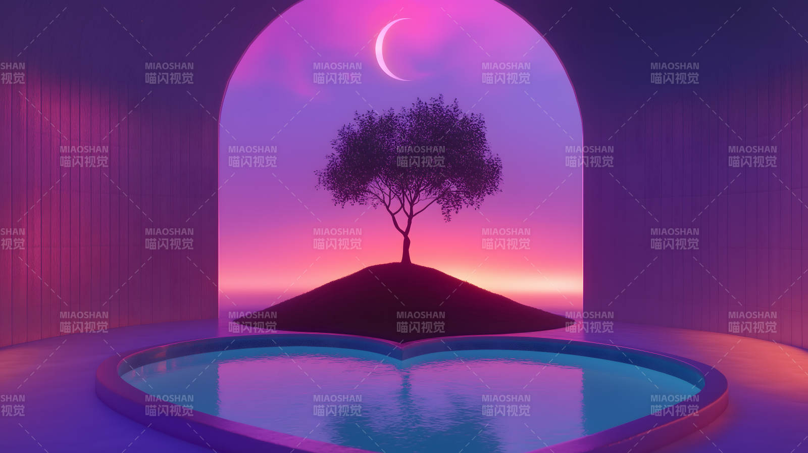 圆框树影水景图片