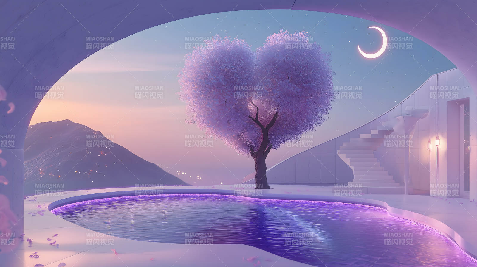 圆框树影水景图片