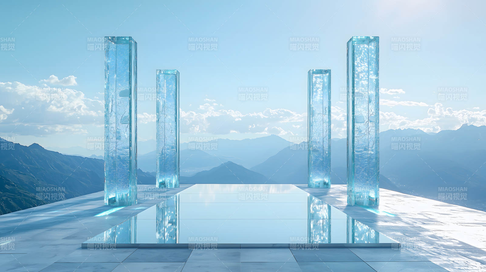 雪山间透明立柱与平台构成的冷冽景致图片