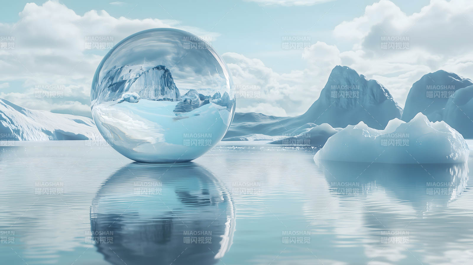 冰川水面上巨大透明且映景的水晶球图片