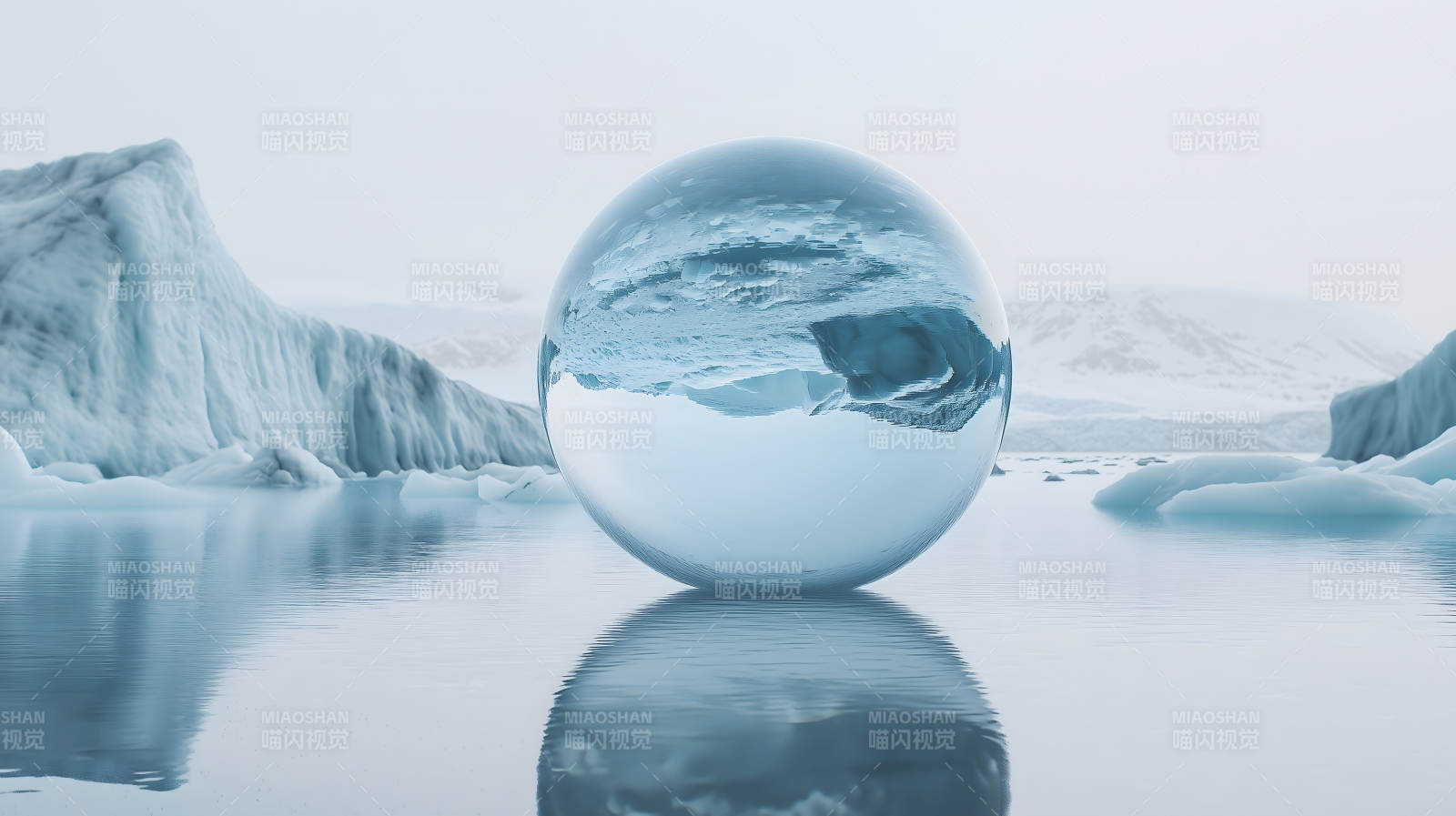 冰川水面上巨大透明且映景的水晶球图片