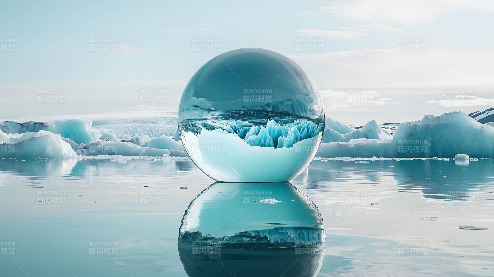 冰川水面上巨大透明且映景的水晶球图片