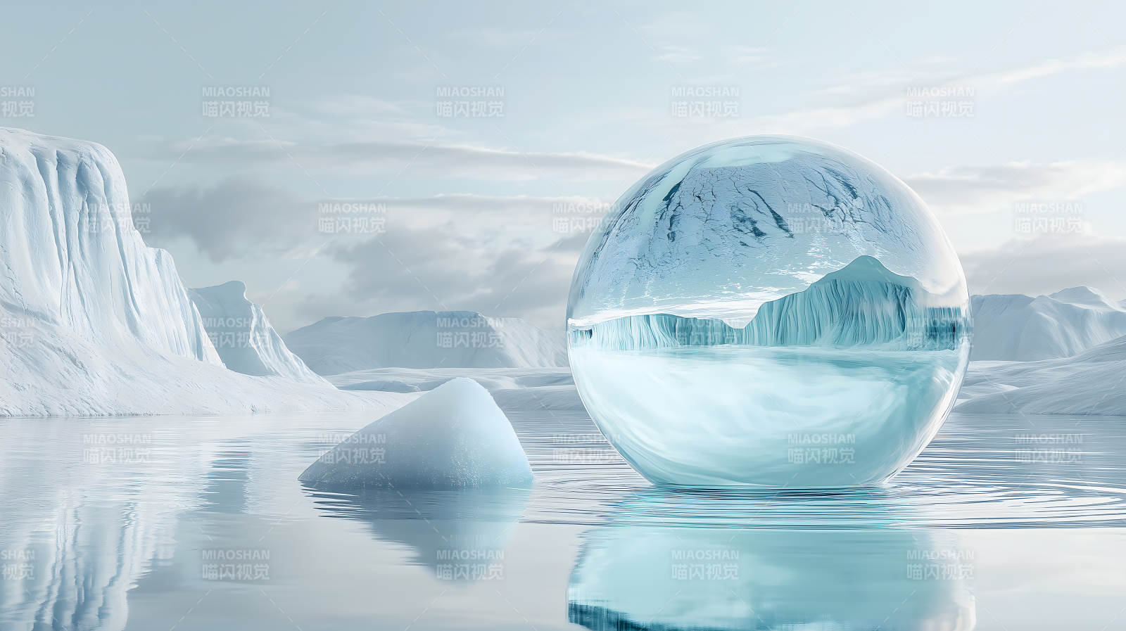 冰川水面上巨大透明且映景的水晶球图片