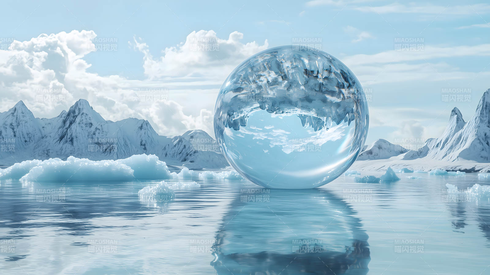 冰川水面上巨大透明且映景的水晶球图片