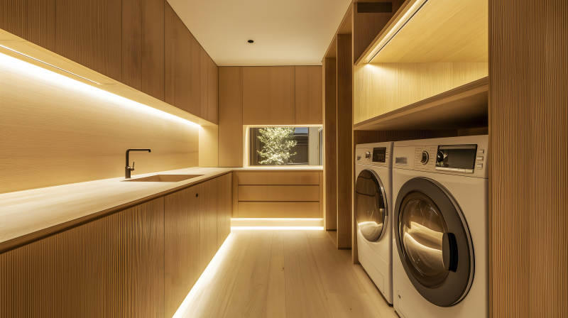 暖光营造的简约木质洗衣房空间图片